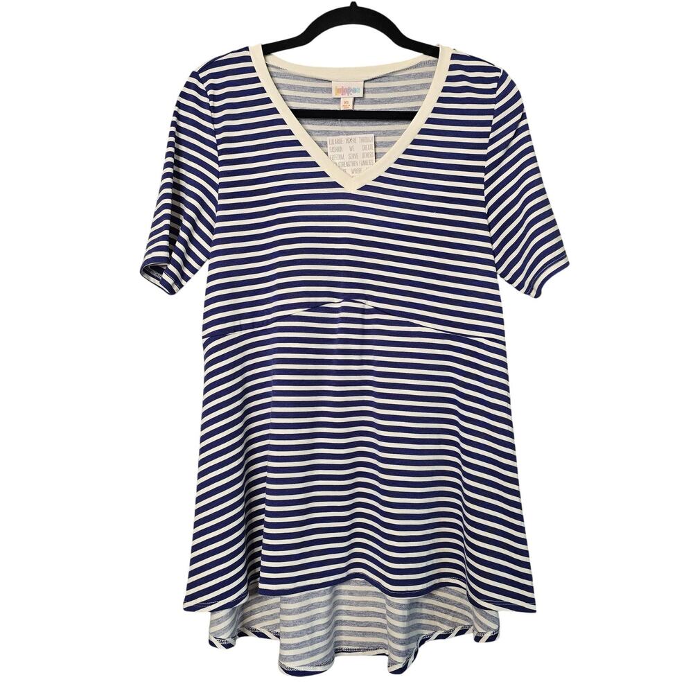 Lularoe Tunic Top Women XS Blue White Striped Jana Short Sleeve High Low Hem NEW